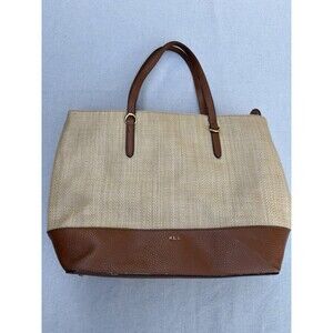 Lauren Ralph Lauren Beige/Brown Tote Zip Top Logo Gold Hardware Lined Pockets